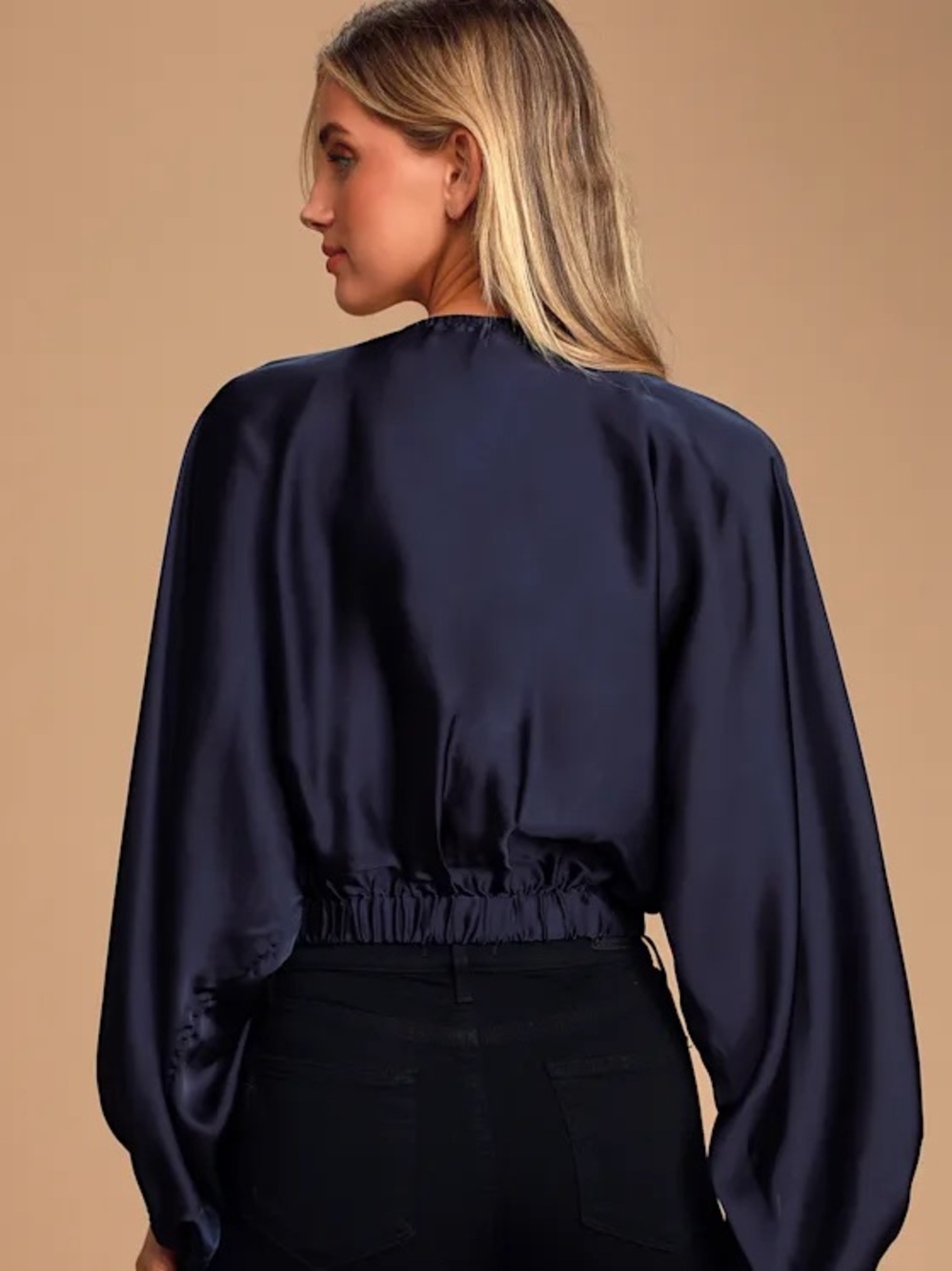 Free People Midnight Vibes Navy Blue Satin Wrap Surplice Crop Top Blouse XS - Picture 2 of 6